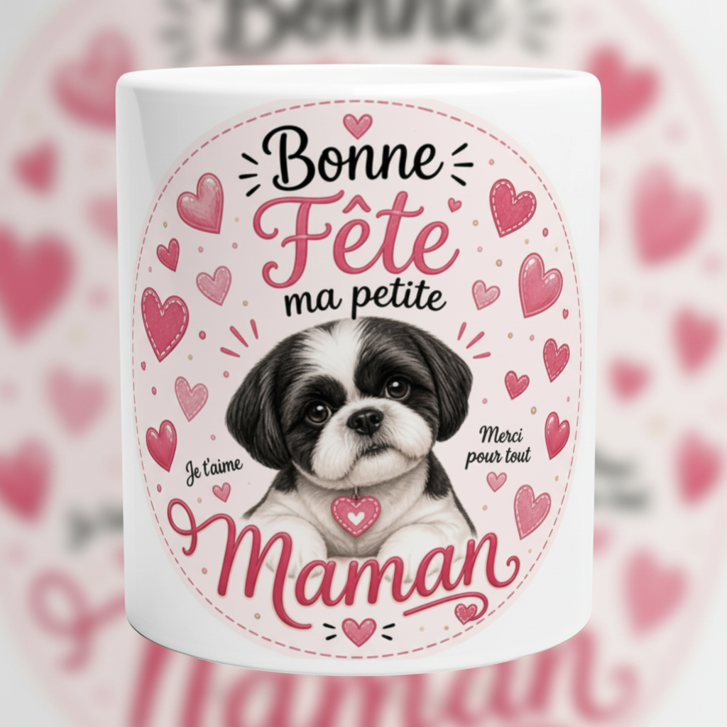 Mug blanc décoré «Bonne Fête ma petite Maman», chien et cœurs roses