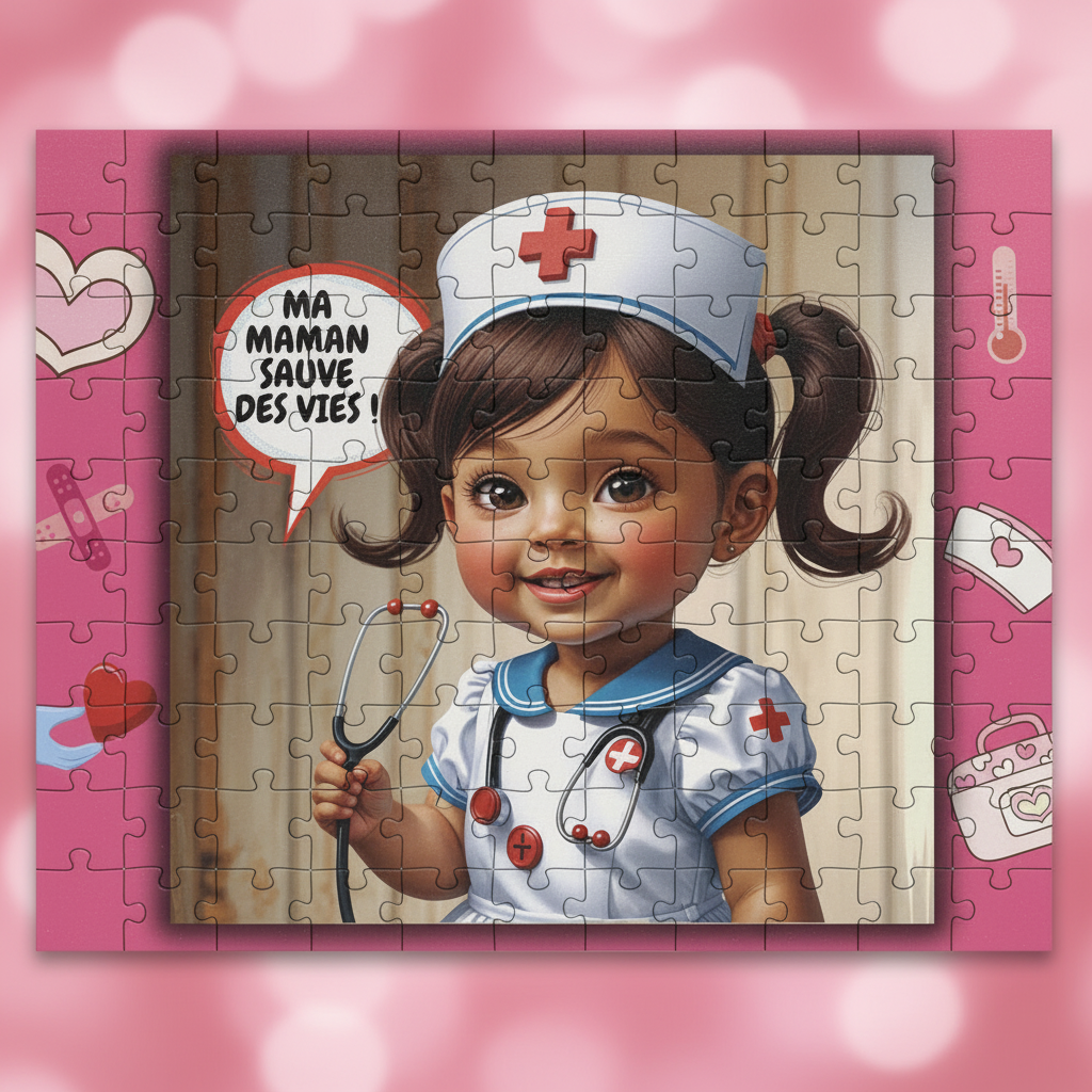 Puzzle en cadre avec illustration d’une maman infirmière et chapeau bleu.