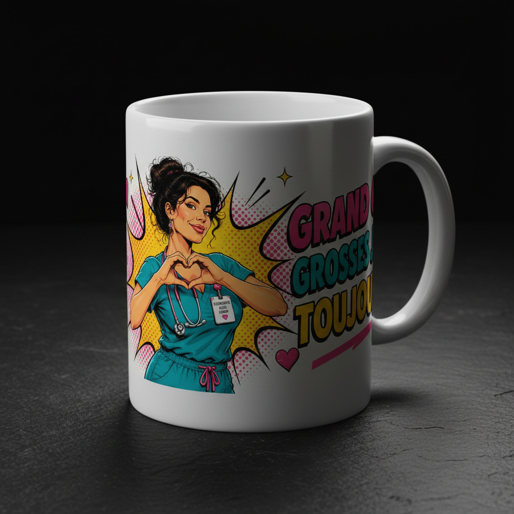 Tasse blanche sur le côté, illustration d’infirmière et lettrage « GRAND… »
