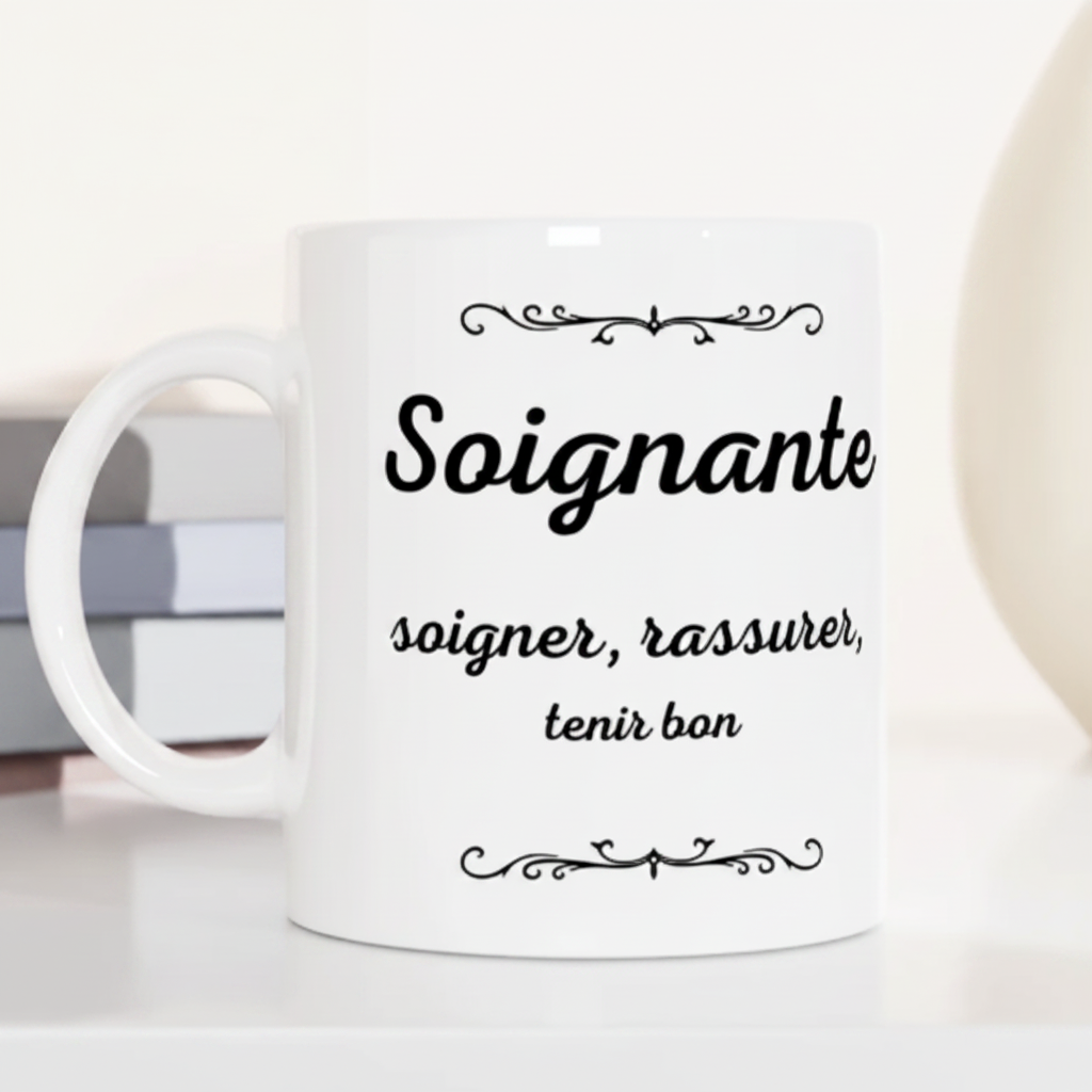 Mug blanc « Soignante » avec texte « soigner, rassurer, tenir bon ».