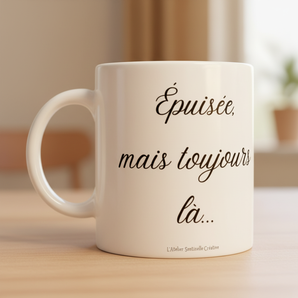 Mug blanc en céramique, face avant avec inscription « Épuisée, mais toujours là… »