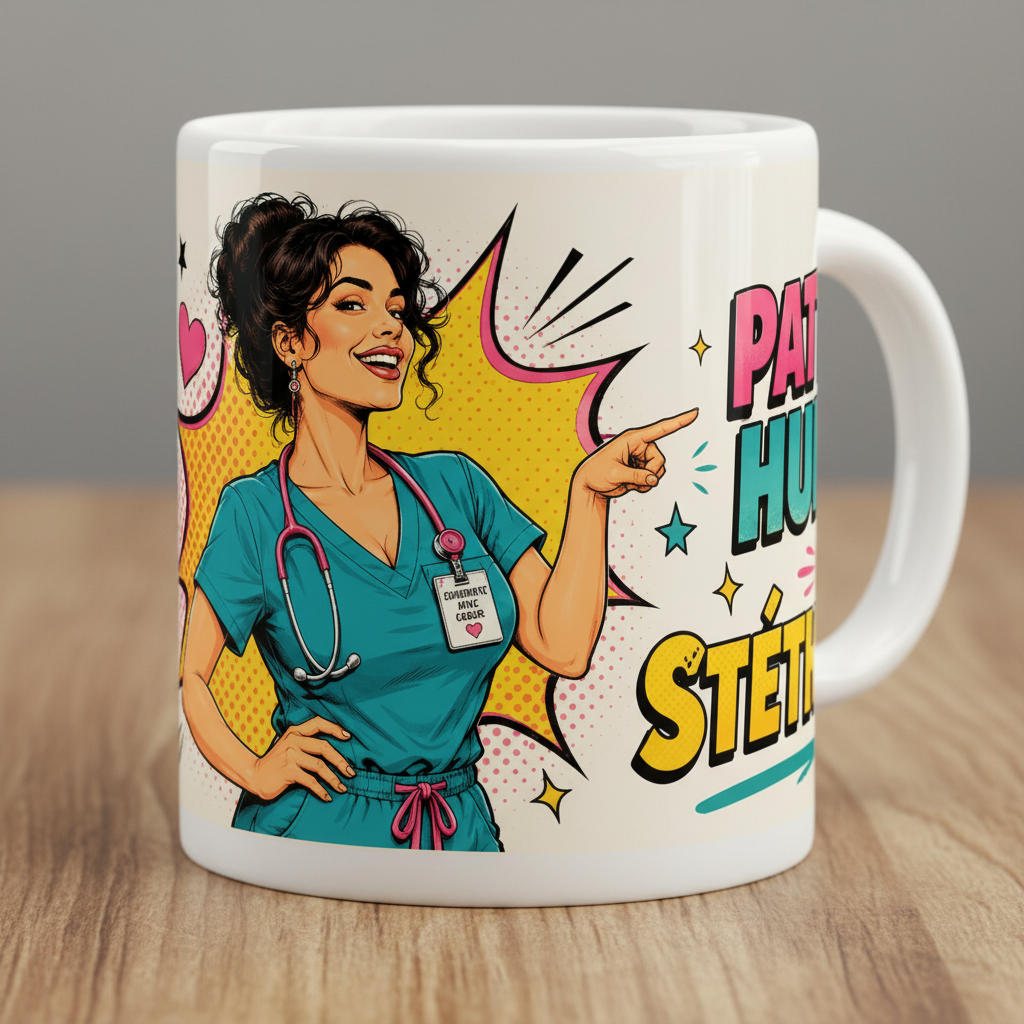 Mug blanc en céramique, illustration d’infirmière et texte « Patience »