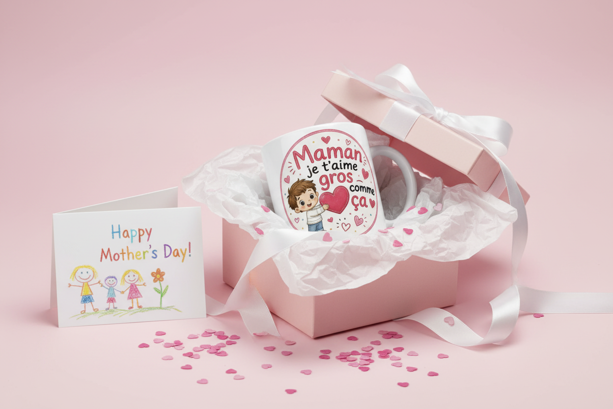 Tasse blanche « Maman je t’aime gros comme ça » dans un coffret cadeau
