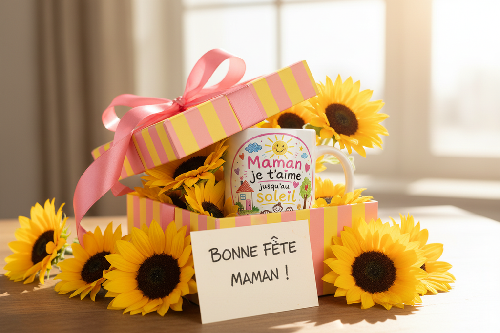 Mug blanc « Maman je t’aime jusqu’au Soleil » dans un coffret festif