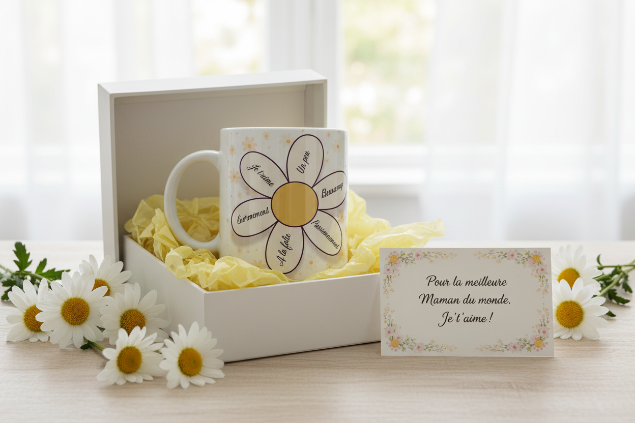 Mug blanc à motif marguerite dans un coffret cadeau, avec anse et carte assortie