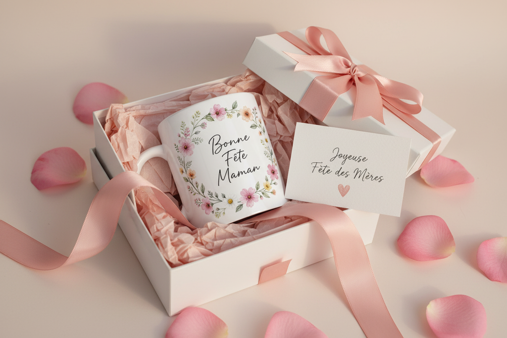 Tasse blanche «Bonne Fête Maman» dans une boîte cadeau avec ruban rose