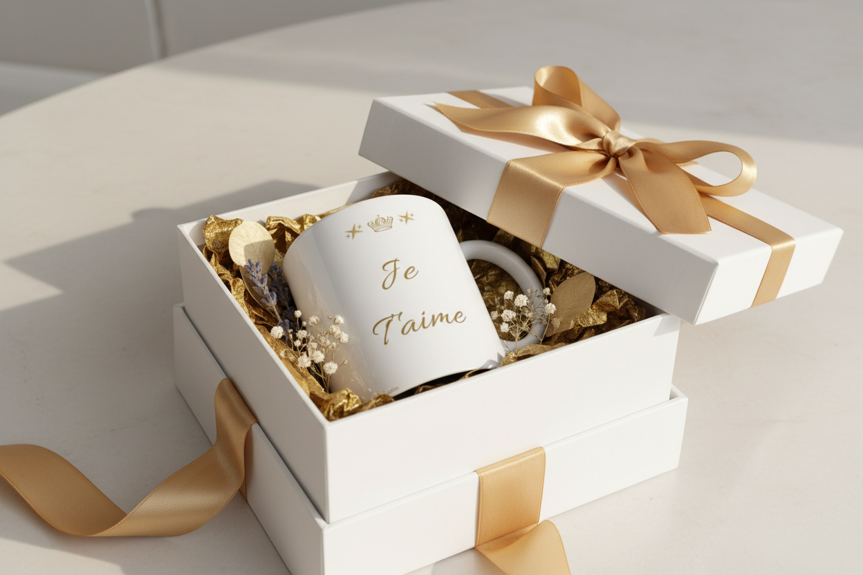 Mug blanc « Je t’aime » doré dans un coffret cadeau blanc avec ruban or.