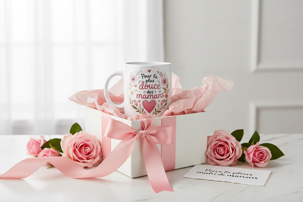 Mug blanc avec message « Pour la plus douce des mamans », fleurs et cœur rose.