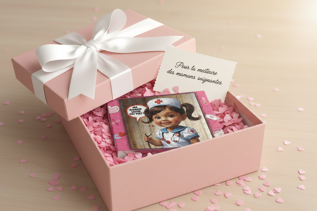 Boîte de puzzle dans un coffret cadeau rose avec ruban blanc.