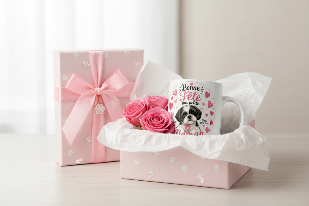 Mug blanc «Bonne Fête ma petite Maman» avec chien et cœurs roses, dans une boîte