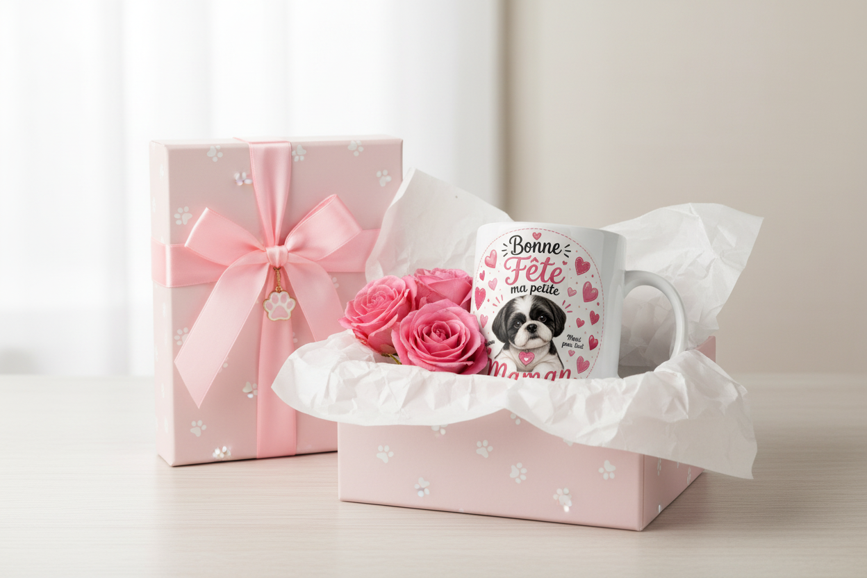 Mug blanc «Bonne Fête ma petite Maman» avec chien et cœurs roses, dans une boîte