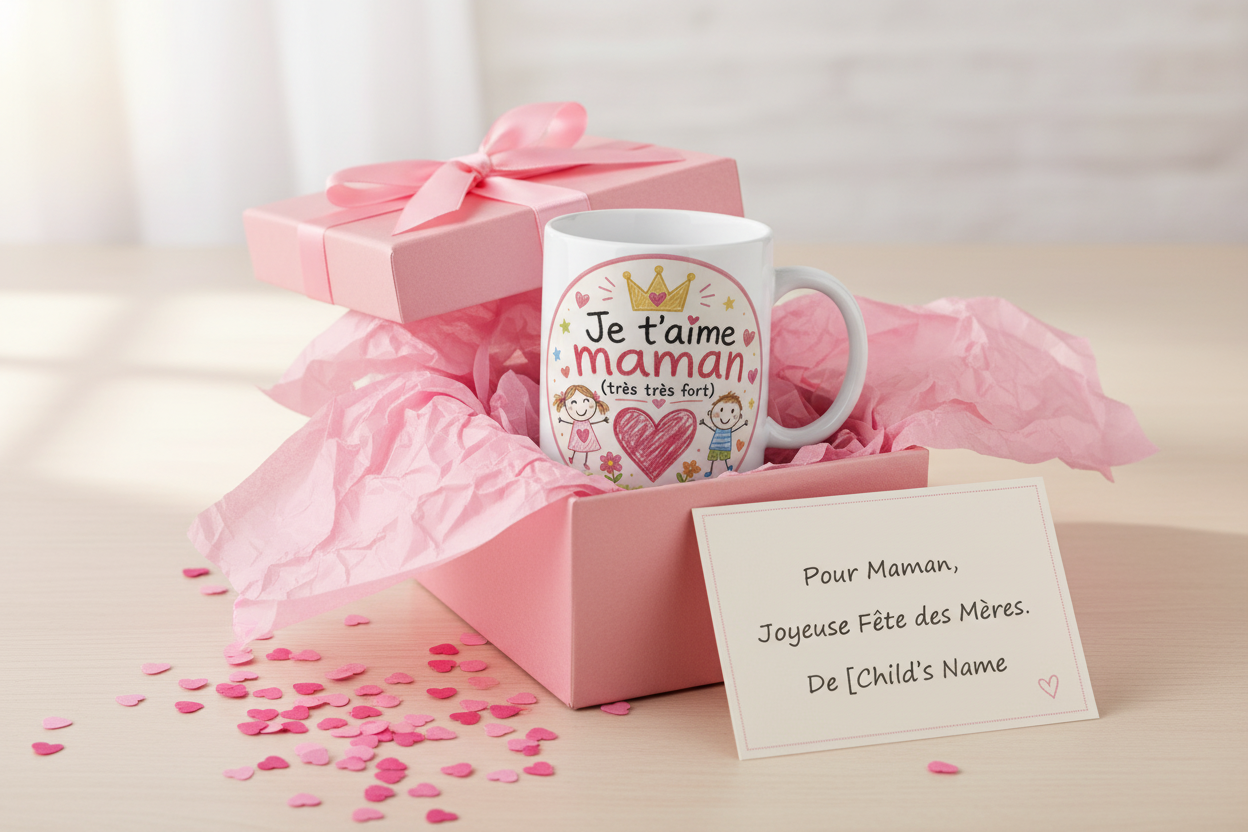Mug blanc « Je t’aime maman » avec cœur rose, présenté avec un coffret cadeau
