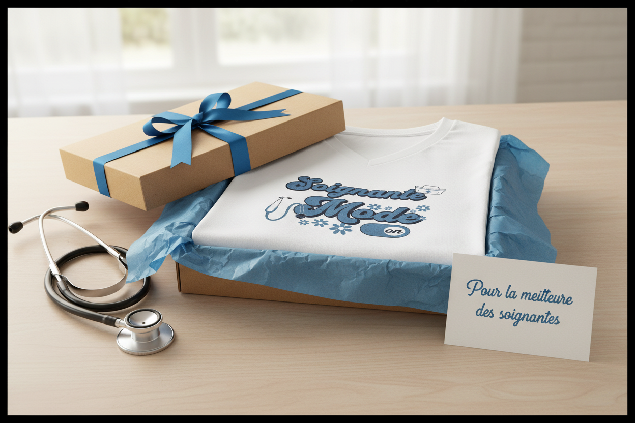 T-shirt blanc plié en coffret cadeau, imprimé bleu « Soignante Mode On »