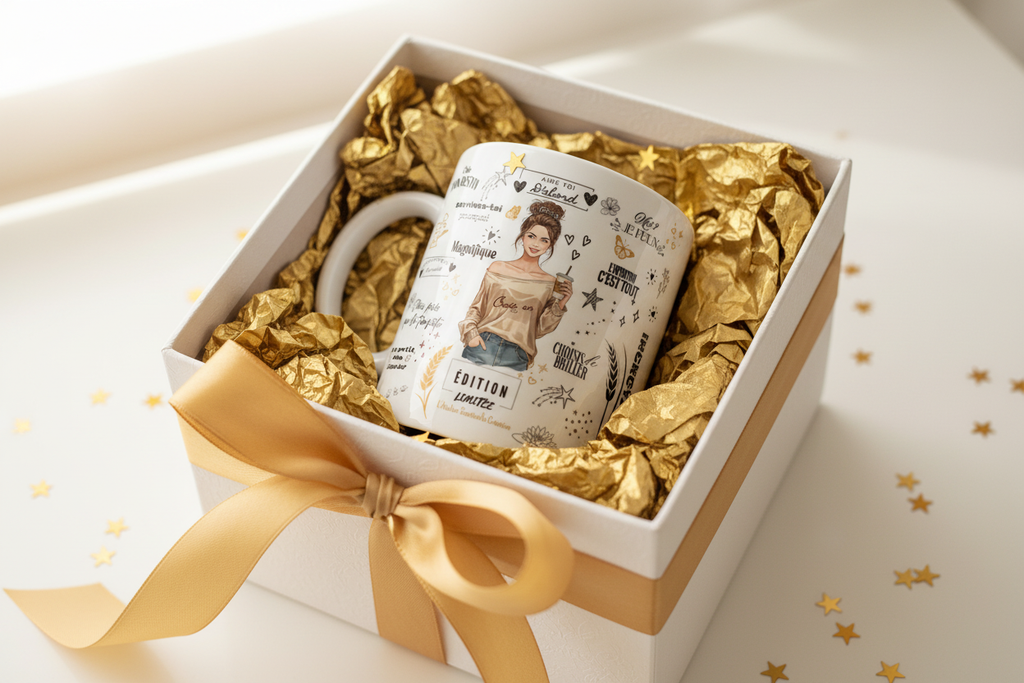 Mug blanc en coffret cadeau, motif doré et texte « Édition limitée ».