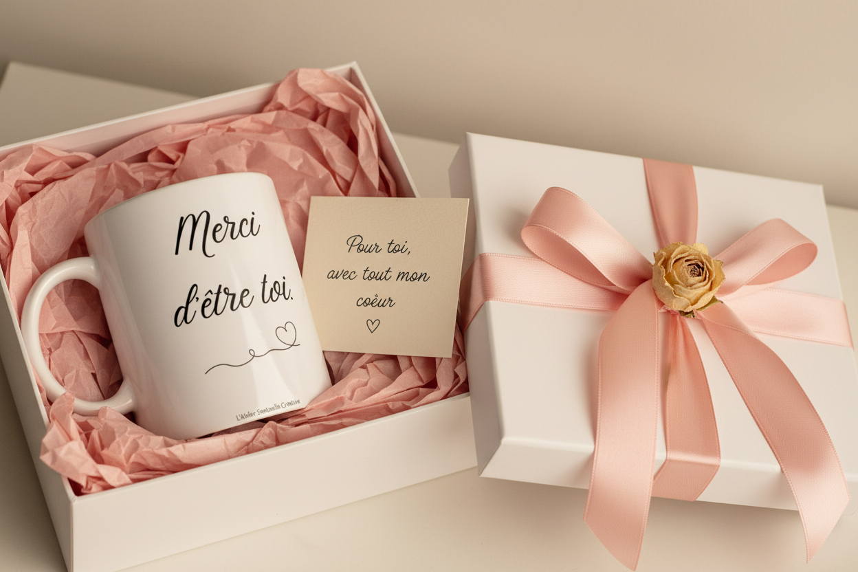 Mug blanc « Merci d'être toi » dans un coffret cadeau avec ruban rose