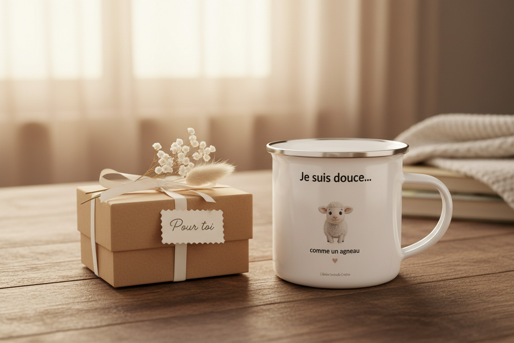 Mug émaillé blanc « Je suis douce… » avec anse, motif agneau au centre.