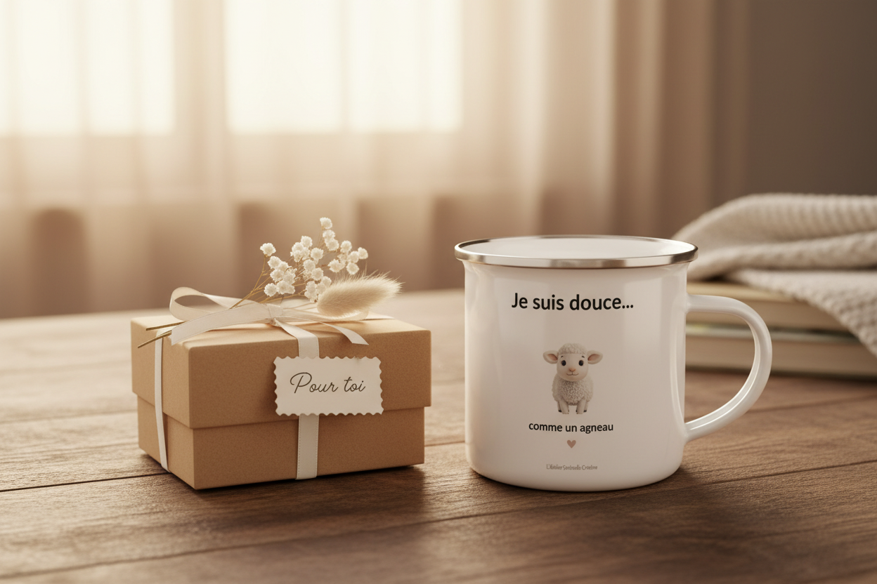 Mug émaillé blanc « Je suis douce… » avec anse, motif agneau au centre.