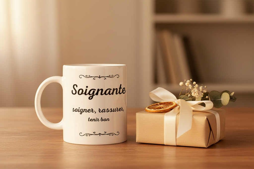 Mug blanc « Soignante » avec guirlandes noires et inscription « soigner, rassurer, tenir bon ».