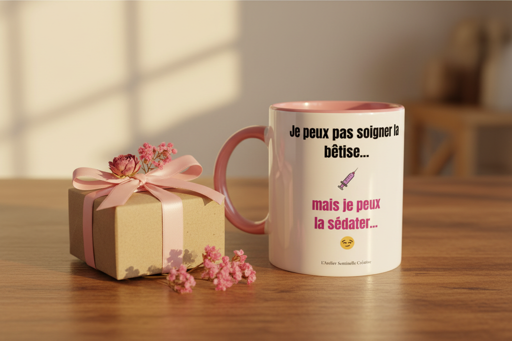 Mug céramique blanc à anse rose, texte « Je peux pas soigner la bêtise... »