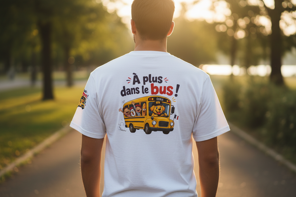 T-shirt blanc dos avec texte « À plus dans le bus » et bus