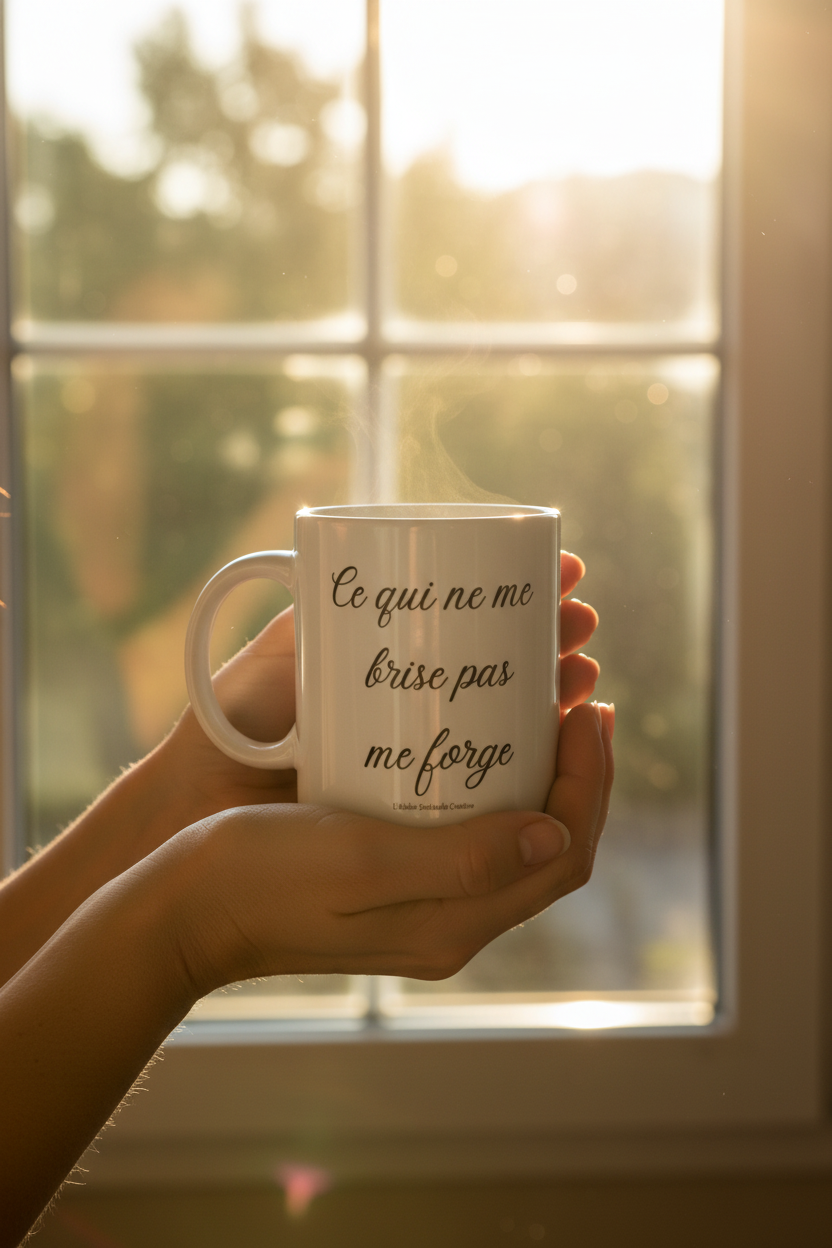 Mug blanc tenu par une main, inscription manuscrite noire « Ce qui ne me brise pas me forge ».