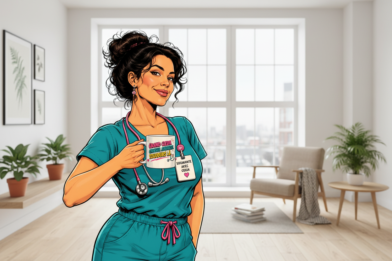 Tasse blanche avec illustration d’infirmière, texte coloré « Grand Cœur… »