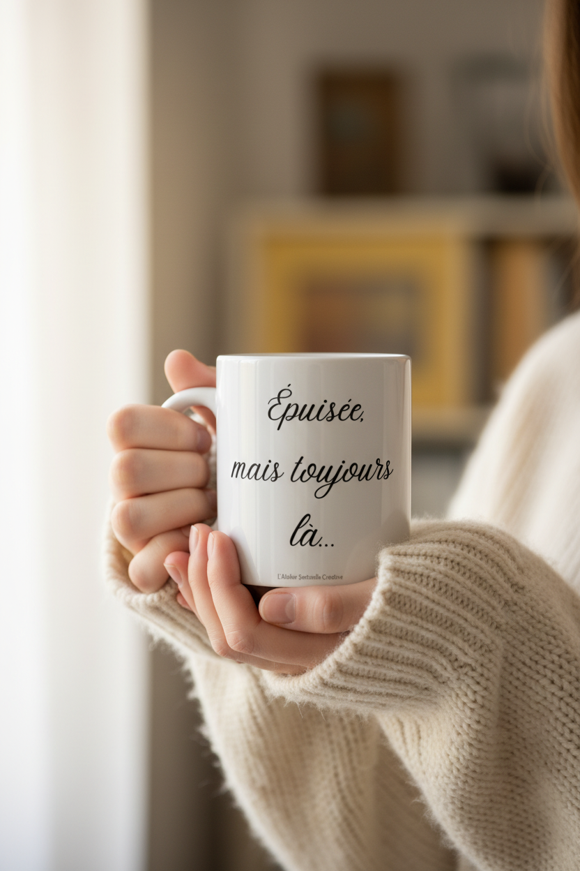 Mug blanc en céramique, poignée, inscription « Épuisée, mais toujours là… »