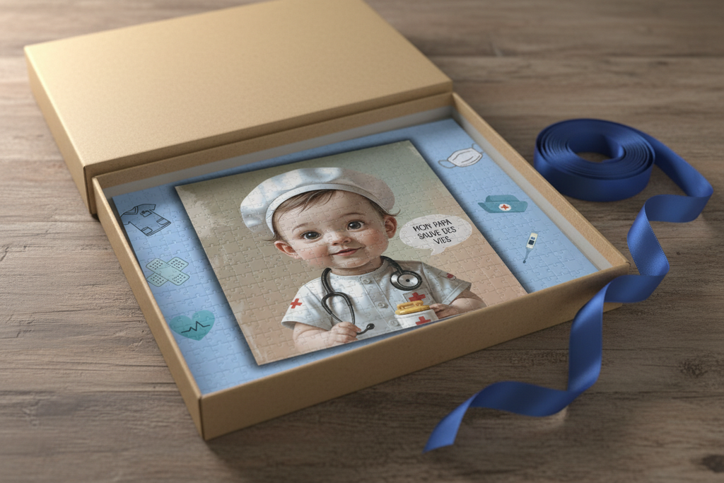 Puzzle 520 pièces dans sa boîte, portrait de bébé docteur sur carte bleue.