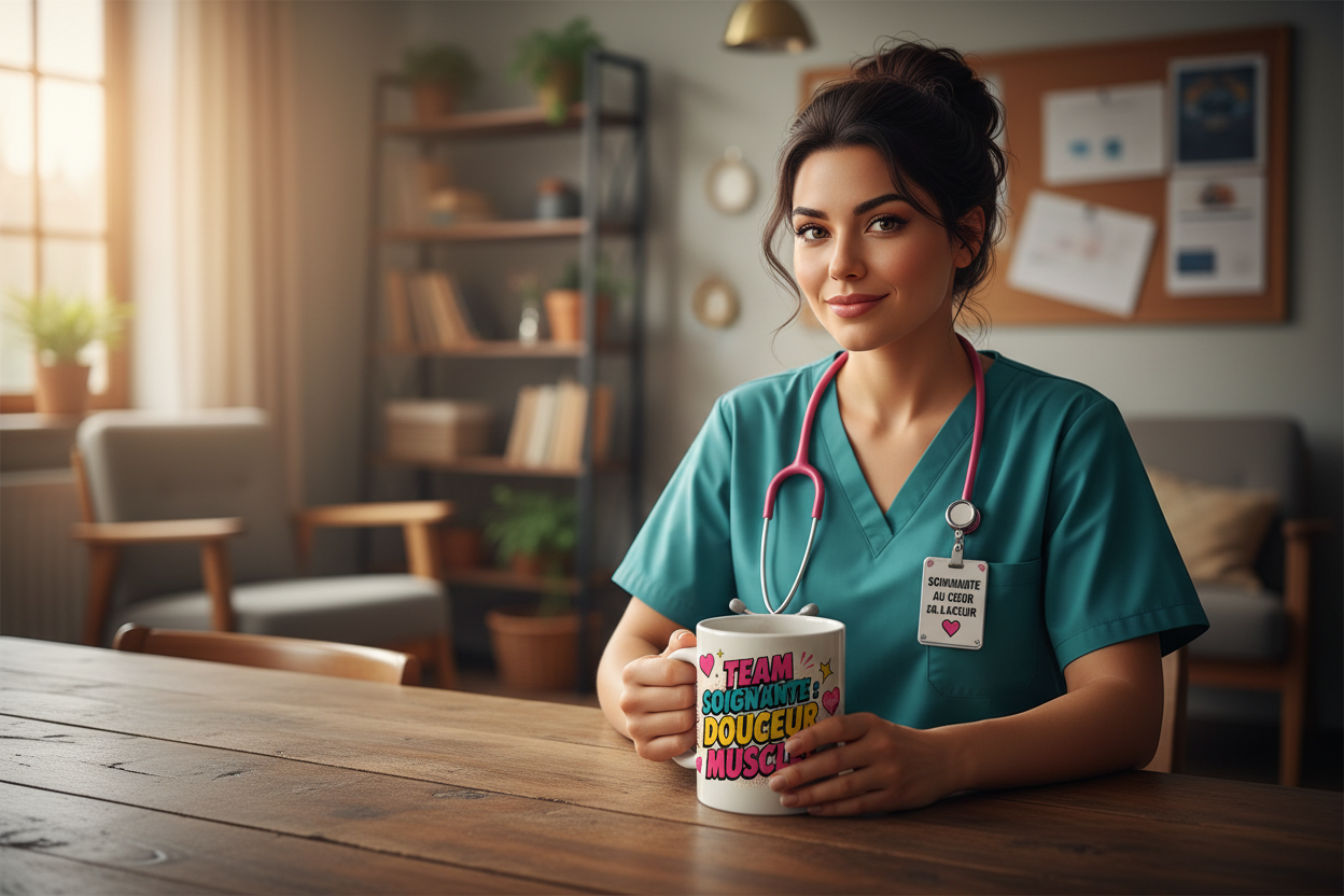 Mug blanc tenu par une soignante en tenue turquoise, motif « Team soignante »