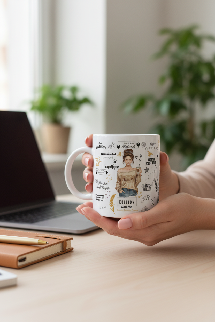 Mug blanc tenu à la main, avec illustration dorée « Édition limitée ».