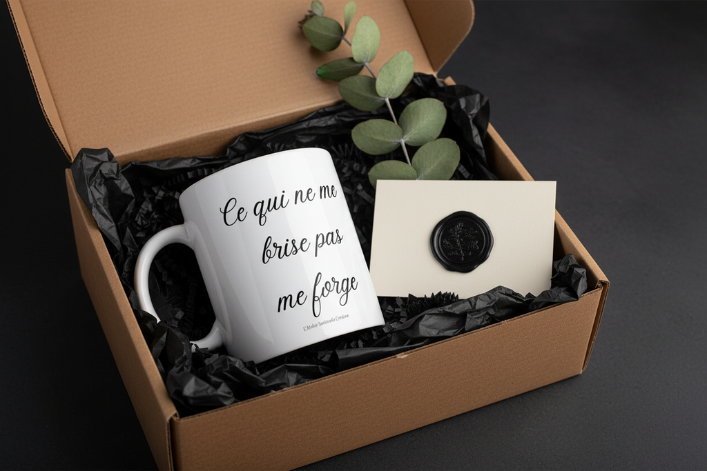 Mug blanc en coffret cadeau, avec inscription manuscrite noire « Ce qui ne me brise pas me forge ».