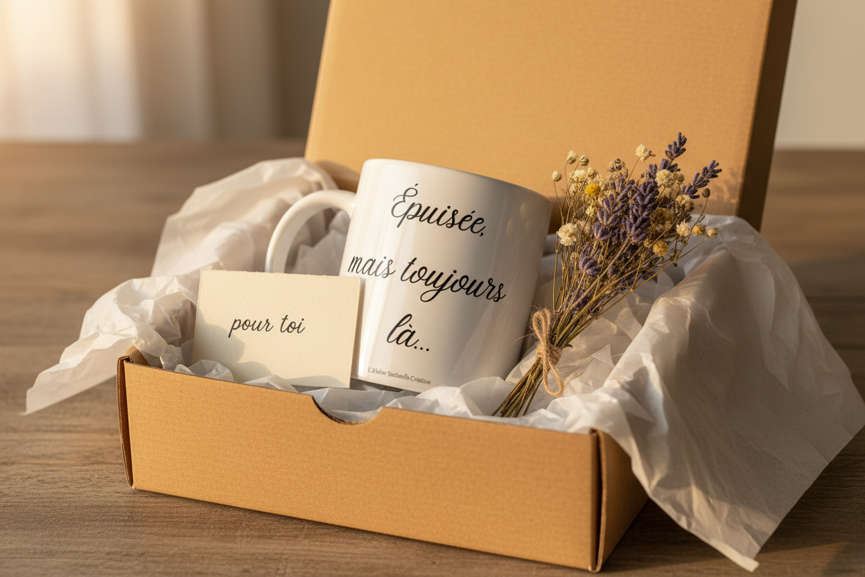 Mug blanc dans un coffret cadeau en carton, inscription « Épuisée, mais toujours là… »