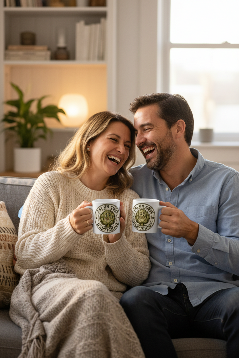 Deux mugs blancs « J’ai un cœur d’artichaut » avec illustration d’artichaut