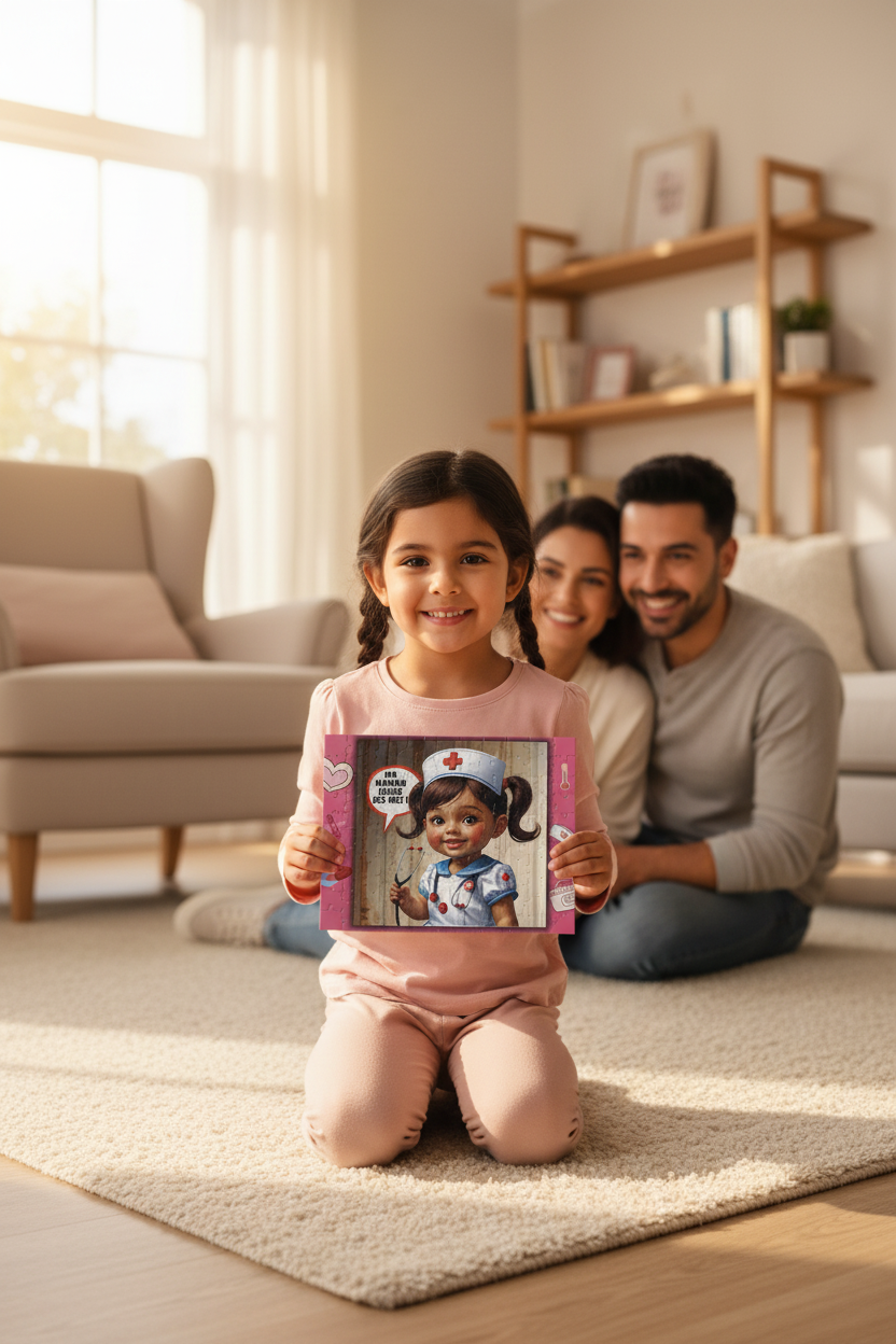 Boîte de puzzle tenue par une enfant, style cadeau pour la fête des mères.