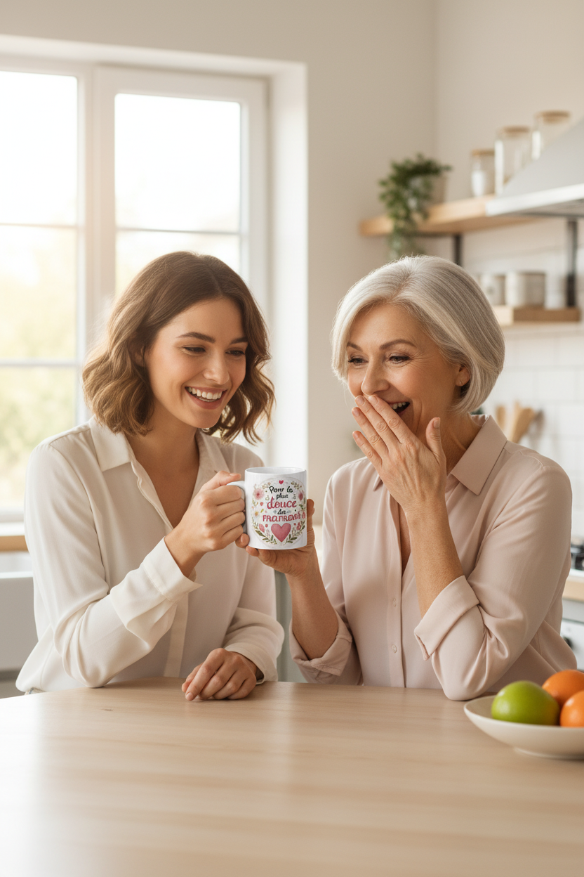 Mug blanc tenu en main, avec message « Pour la plus douce des mamans » et cœur rose.