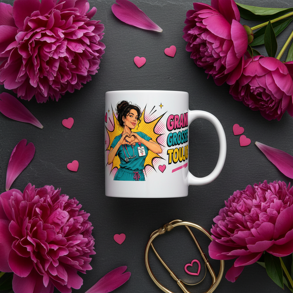 Tasse blanche avec infirmière souriante, lettrage coloré « GRAND… »