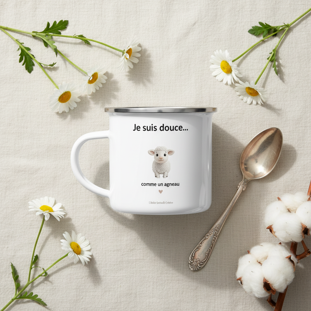 Mug émaillé blanc « Je suis douce… » avec illustration d’agneau sur le devant.