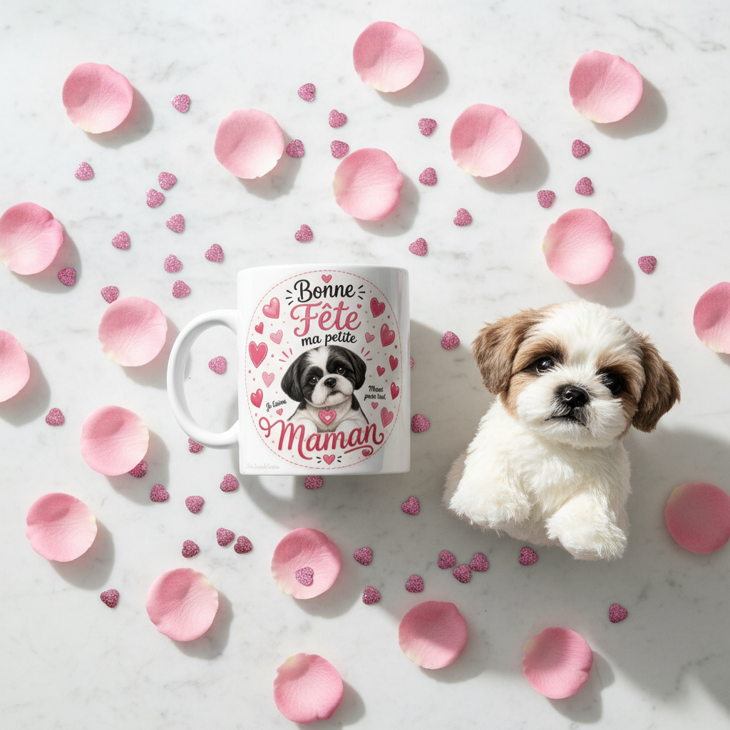 Mug blanc «Bonne Fête ma petite Maman» avec chien bicolore et cœurs roses