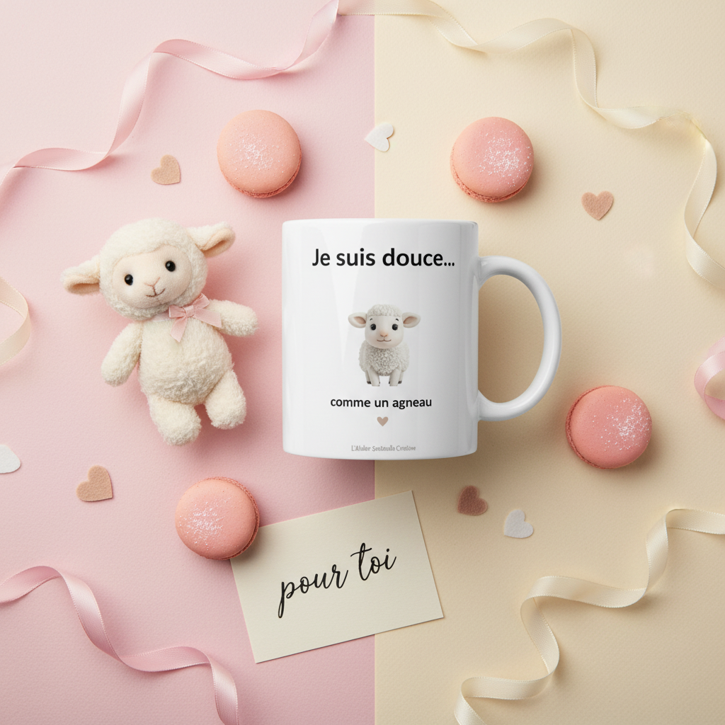 Mug blanc « Je suis douce... » et agneau illustré, anse droite.