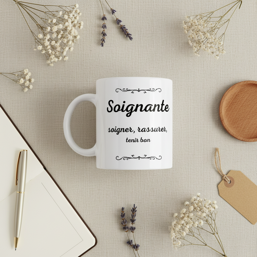Mug blanc « Soignante » avec guirlande décorative et phrase « soigner, rassurer, tenir bon ».
