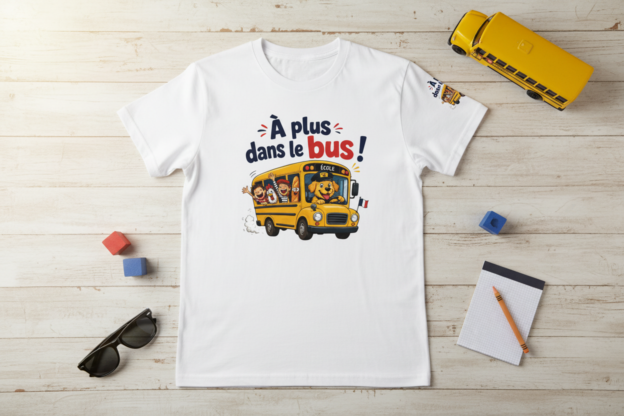T-shirt blanc unisexe avec motif « À plus dans le bus » et chien dans le bus