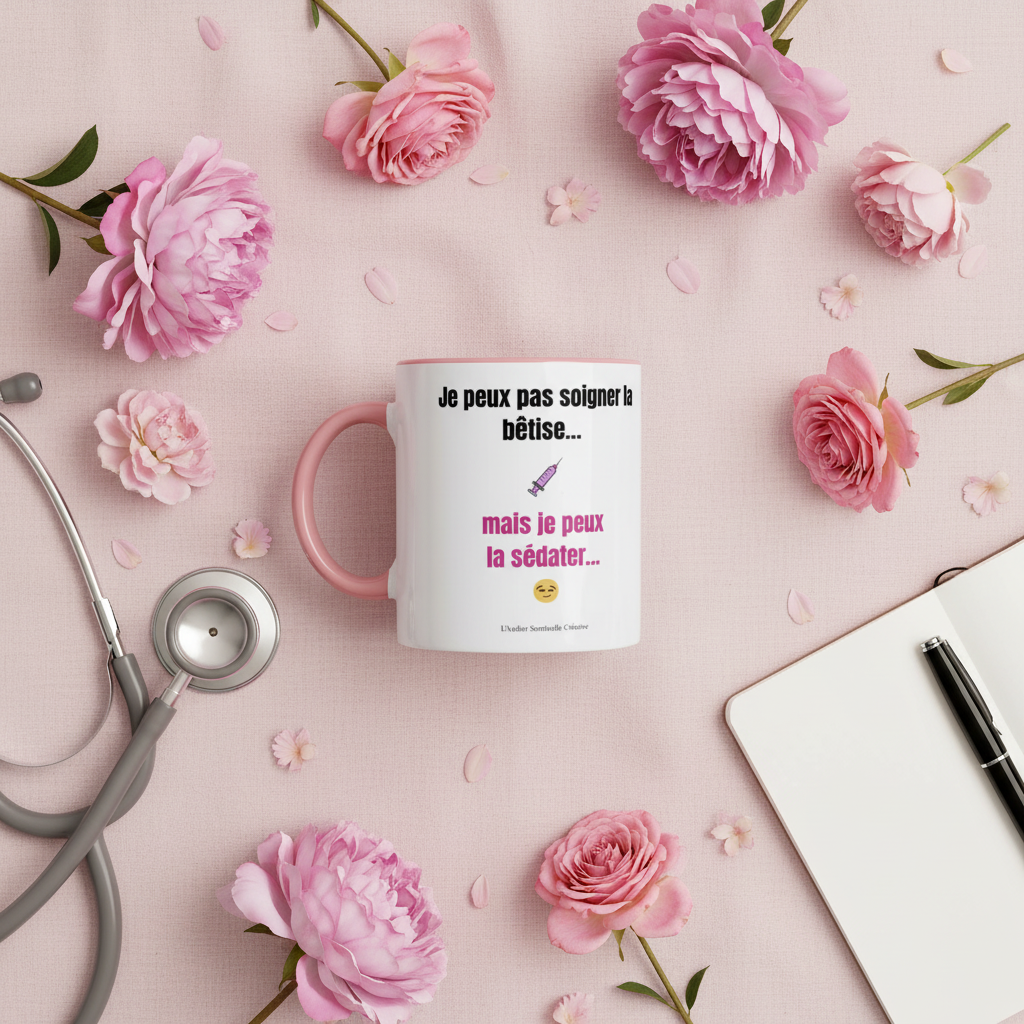 Mug céramique blanc, anse rose, texte « Je peux pas soigner la bêtise... »
