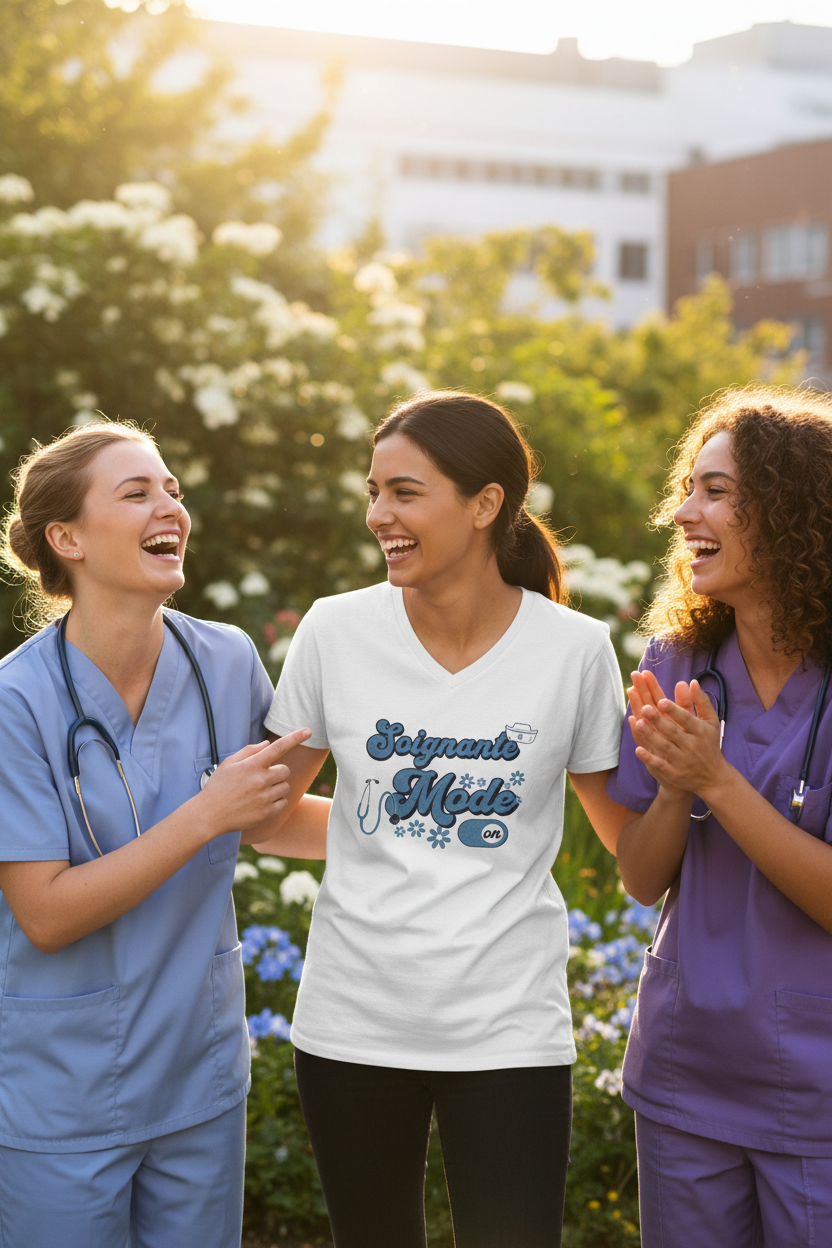 T-shirt médical blanc à col V, imprimé bleu « Soignante Mode On » au centre