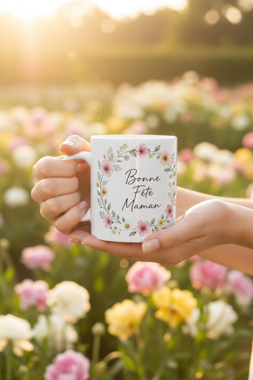 Tasse blanche «Bonne Fête Maman» tenue par les mains, couronne de fleurs