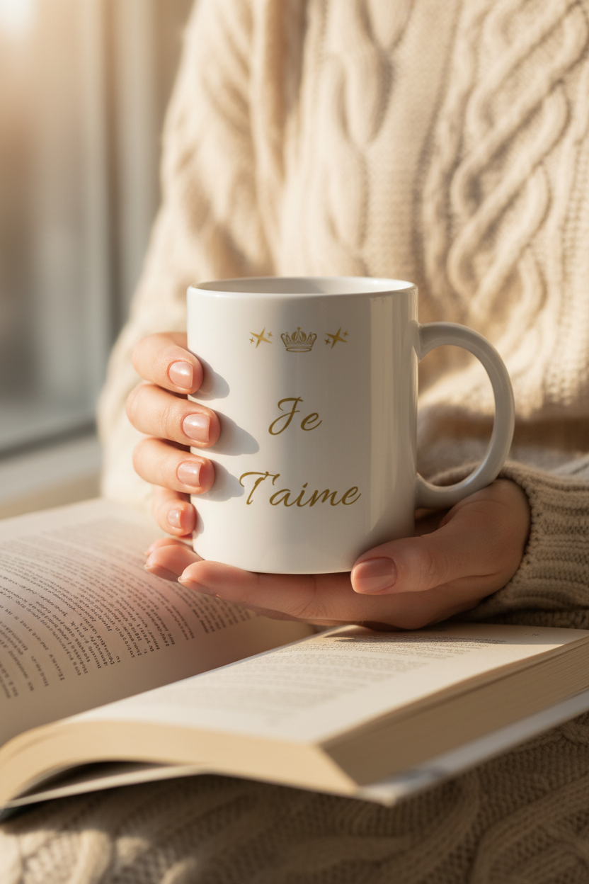 Mug blanc « Je t’aime » en lettrage doré, avec couronne et étoiles.