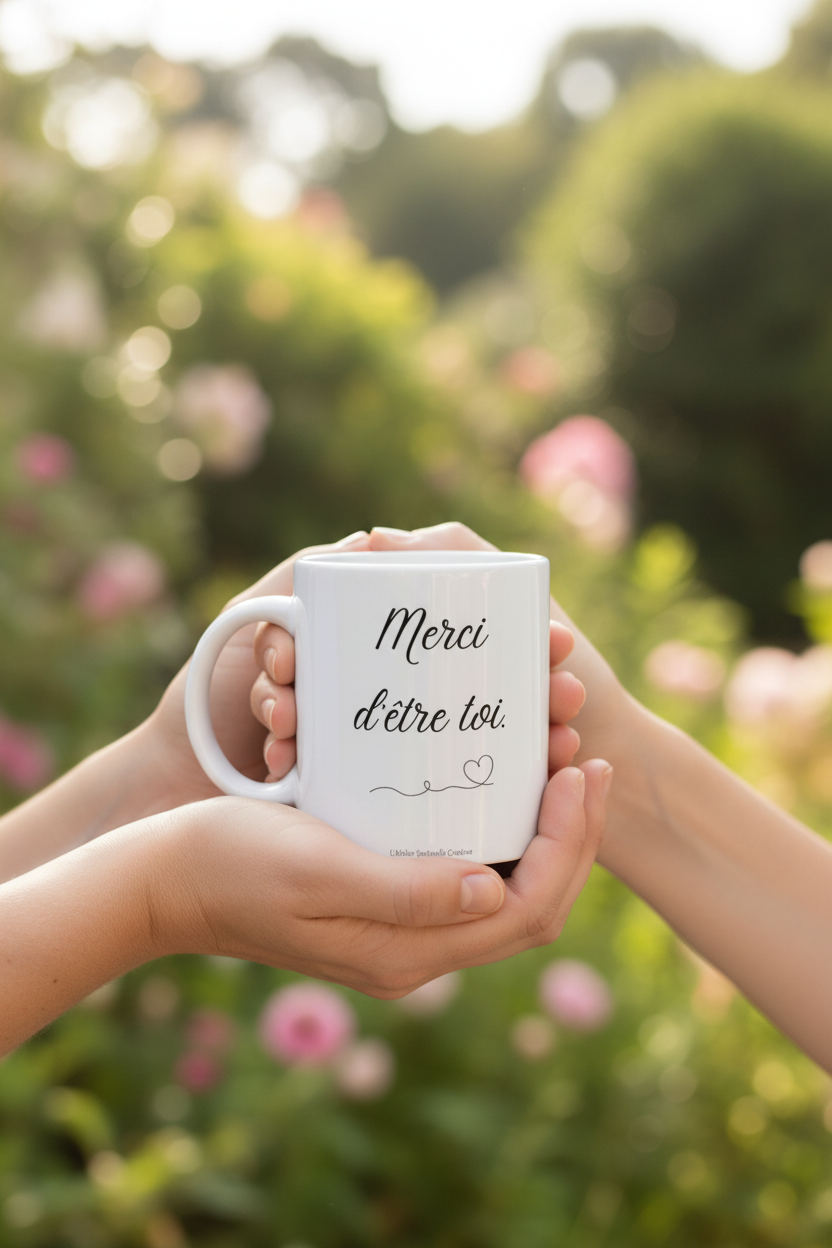 Mug blanc « Merci d'être toi » tenu dans les mains, anse visible