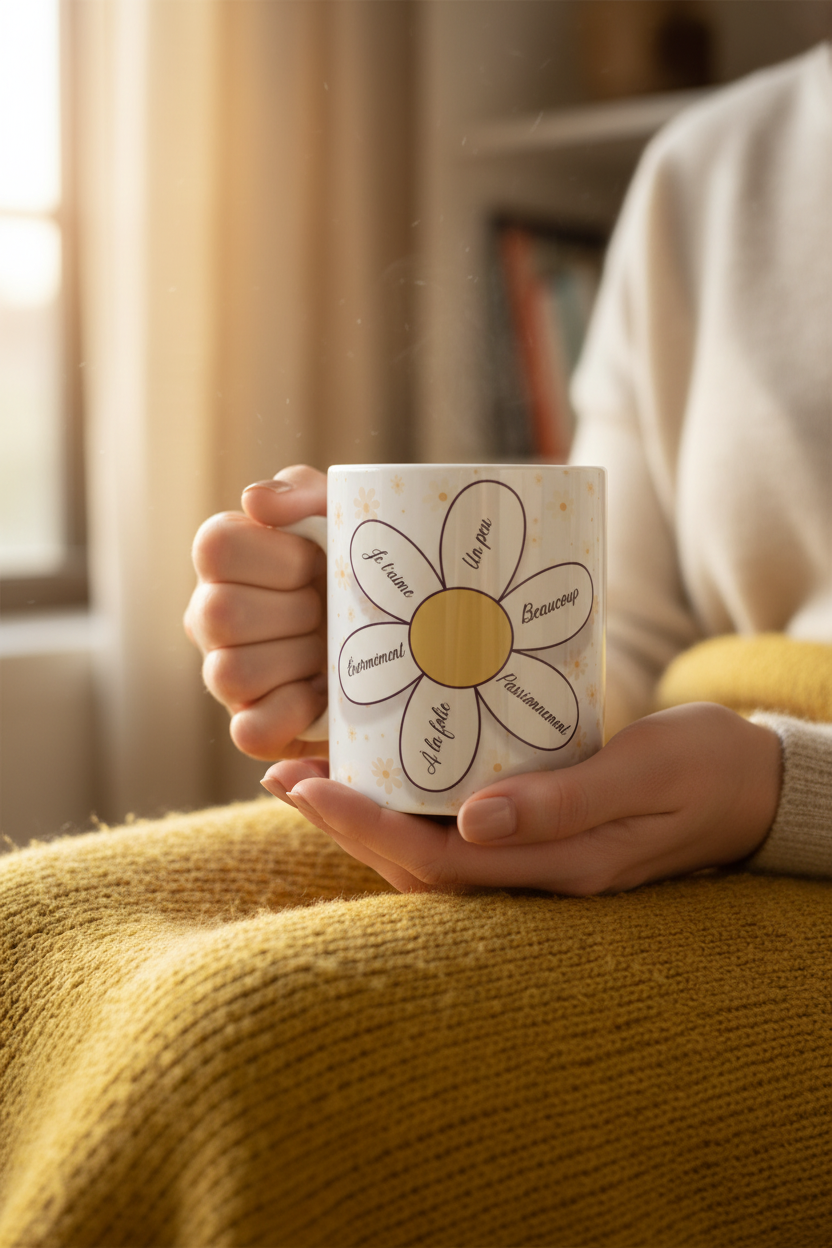 Mug blanc imprimé marguerite, tenu dans les mains, anse sur le côté
