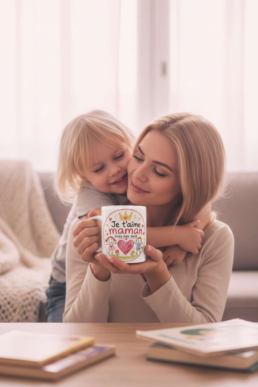Mug blanc « Je t’aime maman (très très fort) » tenu par un enfant et une maman