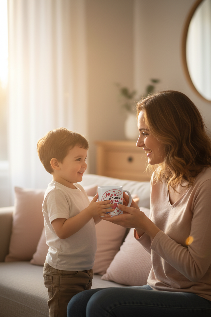 Tasse blanche « Maman je t’aime gros comme ça », tenue par un enfant et une mère