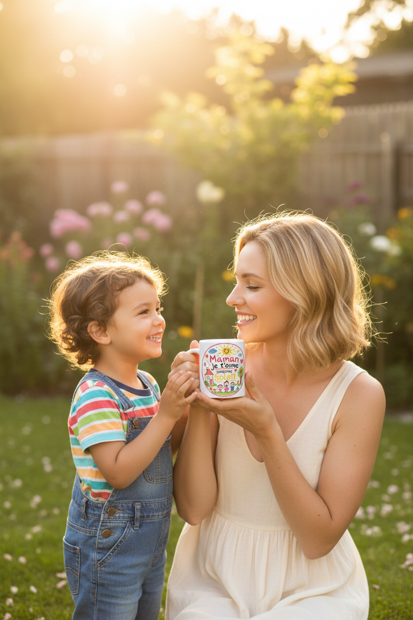 Mug blanc « Maman je t’aime jusqu’au Soleil » tenu par une mère et son enfant